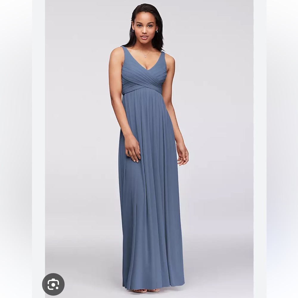 David's Bridal Long Mesh Dress with Cowl Back Detail